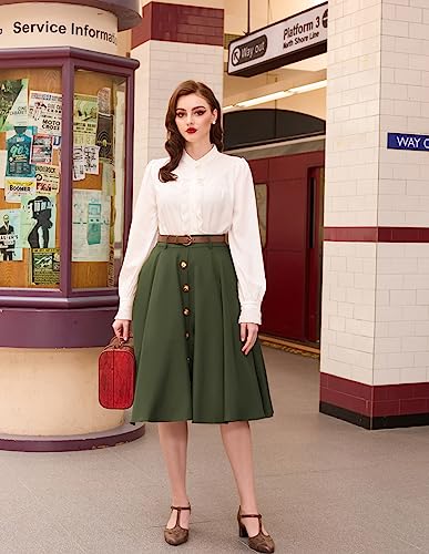Belle Poque Women's Summer High Waisted A-Line Midi Skirt Button Front A-Line Skirt with Pocket Army Green S