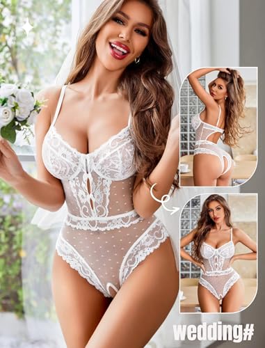 Avidlove Lingerie for Women Sexy Lace Bodysuit V Neck Teddy One Piece Babydoll Nightwear White L