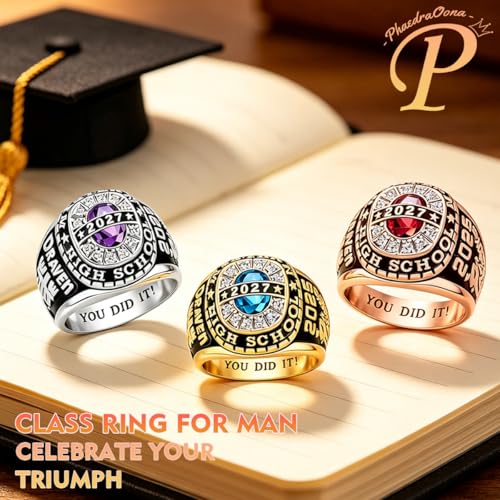 PhaedraOona Class Rings 925 Sterling Silver Personalized Men's Class Ring - Custom Graduation Ring - Perfect High School Graduation Gift for 2026 (Gem Halo-Gold)