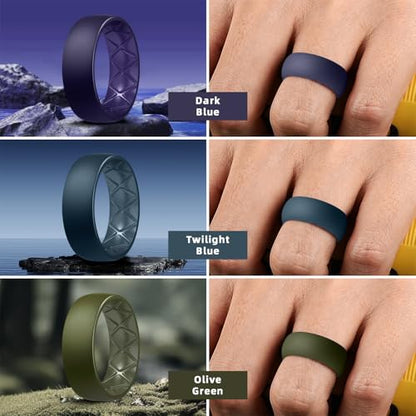 Egnaro Men's Silicone Rings 8mm Wide 2.5mm Thick, Multipack Ergonomic Rubber Wedding Bands For Him, Breathable Grooves For Workout