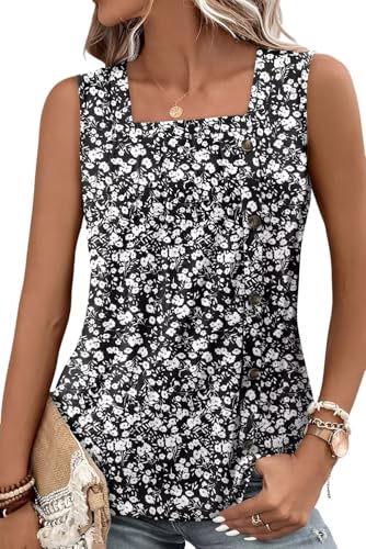 KISSMODA Breezy Floral Top - Soft Square Neck Panel Gathers & Matte Buttons, Black White, Matches Cargo Bermudas for Coastal Hikes & Biker Shorts for Outdoor Yoga L