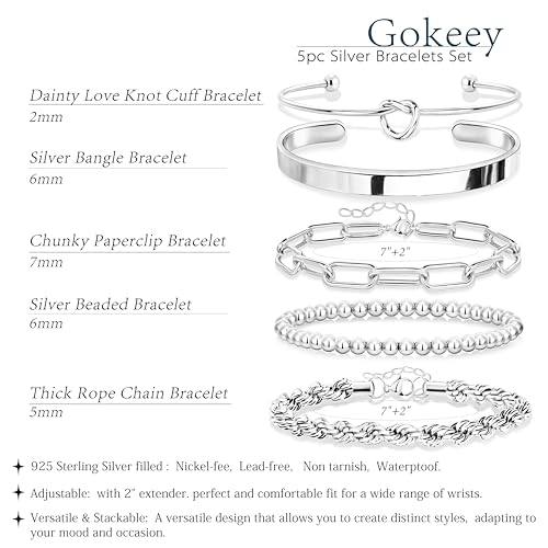 Gokeey Silver Cuff Bracelets for Women,Dainty Silver Bangles Bracelets Set for Women, Paperclip Link Chain Rope Beaded Tie Knot Bracelets Stack Chunky Jewelry