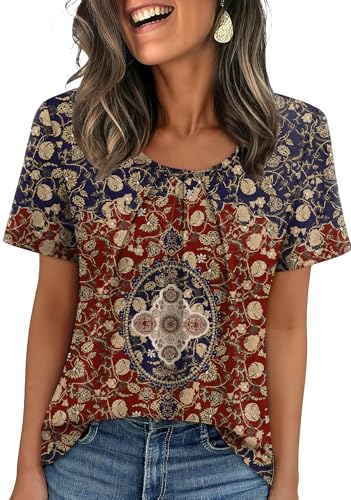 WIHOLL Burgundy Tops for Women Short Sleeve Blouses Dressy Casual Plus Size Fashion Clothing 2026 Summer Vacation Outfits Boho Print M