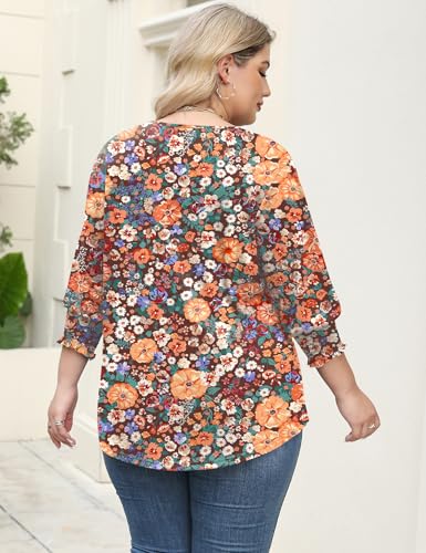 Rapbin Womens Plus Size Tops 3X V Neck 3/4 Sleeve Print Shirts Casual Loose Floral Peasant Blouse Bohemian Clothes (Black Orange Floral 3XL)