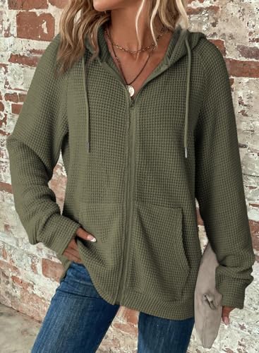 Dokotoo Womens Casual Plus Size Full Zip Up Hoodies Long Sleeve Solid Hooded Sweatshirts Waffle Knit Pockets Jacket Coat for Women 2026 Fall Fashion Outfits Green XXLarge