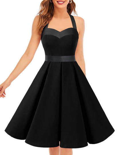 Vintage 1950s Cocktail Dress - Retro Halter Swing Dress for Party & Wedding XX-Large Black