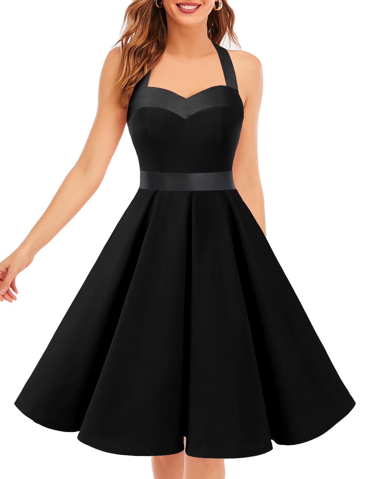 Vintage 1950s Cocktail Dress - Retro Halter Swing Dress for Party & Wedding XX-Large Black
