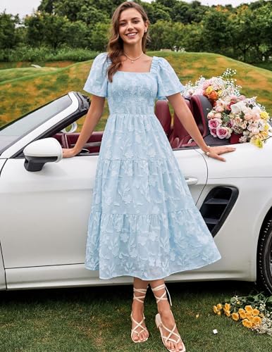 ZESICA Womens Summer Boho Floral Midi Dress 2026 Casual Flowy Beach Vacation Wedding Guest Graduation Long Dresses Blue Small