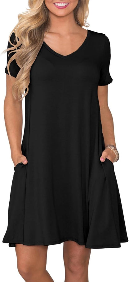 Women's Casual T-Shirt Dress Short Sleeve Summer Swing Dress with Pockets 3X-Large Black