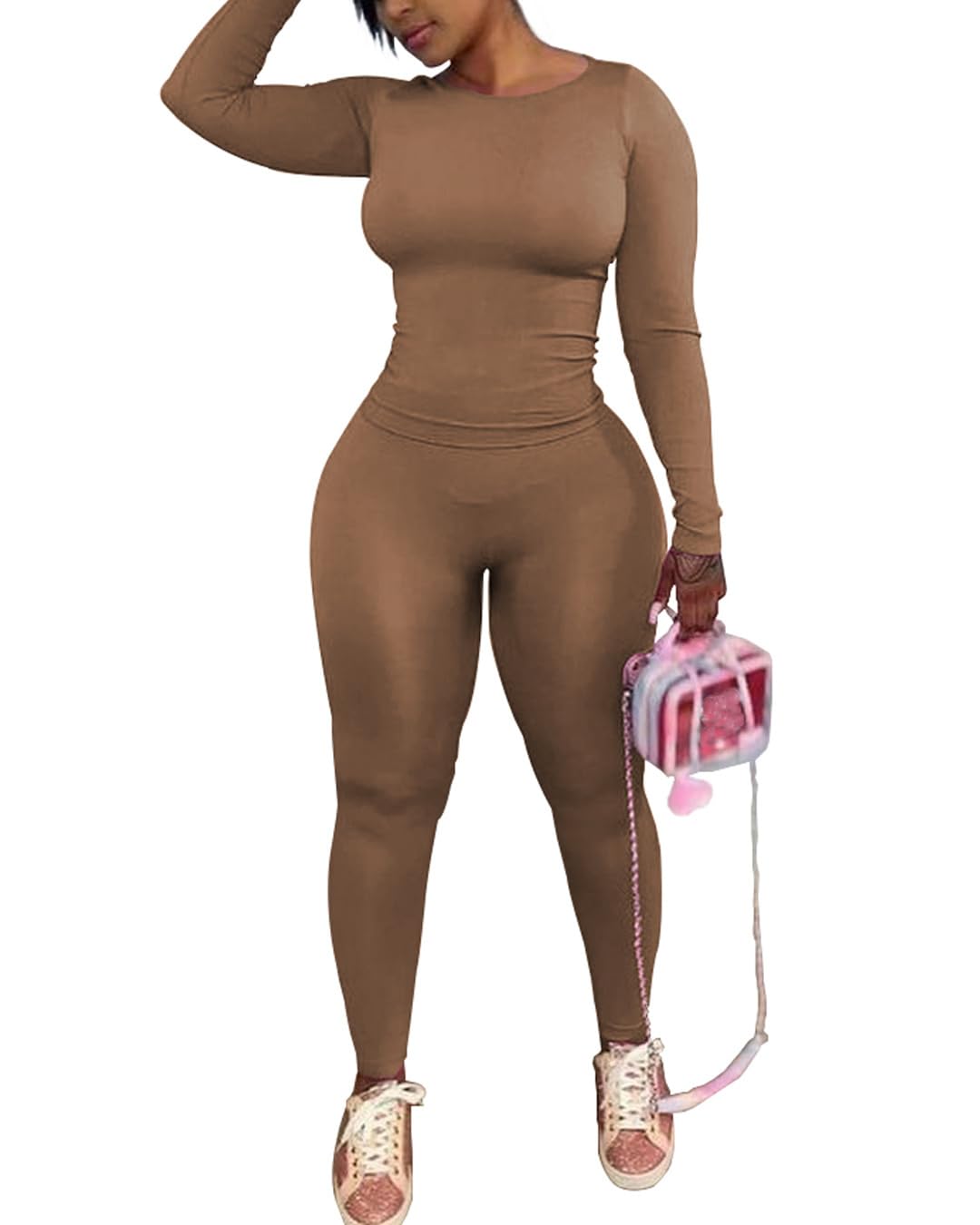 Chrome Heart Leggings - 2 Piece Tracksuit for Women - Long Sleeve Top & Jogger Leggings Workout Set Khaki