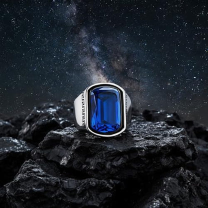 EKJQB Sterling Silver 5CT Sapphire Signet Men's Ring Square Genuine Sapphire Ring Handcrafted Vintage Textured Band Groom Jewelry Engagement Wedding Christmas Gift for Husband