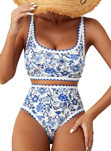 Herseas Womens Bikini Sets Floral Print Whip Stitch 2 Piece Modest Swimsuits High Waisted Scoop Padded Blue Bathing Suits Cute Teens Beach Swimwear 2026 Summer Medium