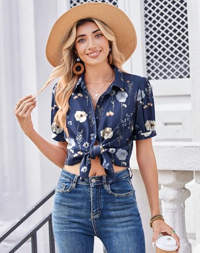 Zeagoo Womens Blouses Short Sleeve Business Casual Top Dark Print Floral Button Down Shirts Spring Summer Outfit
