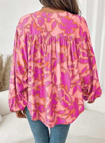 Astylish Womens Bohemian Plus Size Clothing Floral Oversized Summer Tops Abstract Flowy Ruched V Neck Breathable Lantern Sleeve Blouses Office Casual Button Up Shirts Pink XX-Large