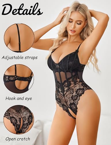 Avidlove Lingerie for Women Sexy Lace Body Suits Mesh Bodysuit V Neck Teddy See Through Tops Bridal Lingeries Top Black XL
