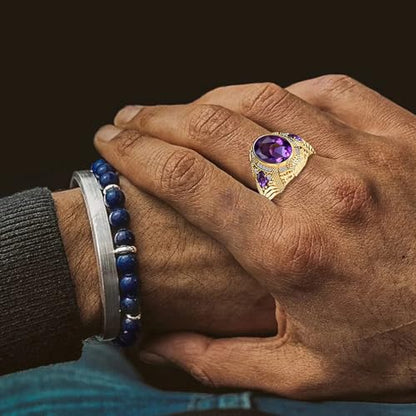 JOOVO 10K 14K 18K Gold 3 Carats Oval Cut Center Stone Mens Amethyst Ring Luxury 4 Cttw Amethyst Ring for Mens Engagement Anniversary Wedding Rings for Broom Husband Dad Fathers Day