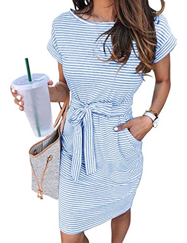 MEROKEETY Women's 2026 Summer Casual T Shirt Dress Short Sleeve Striped Tie Waist Work Vacation Trendy Short Dresses
