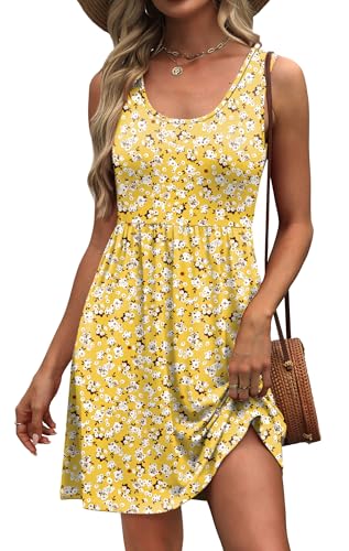 WIHOLL Summer Dresses for Women 2026 A Line Sleeveless Spring Dresses for Women Casual Cute Beach Vacation Clothes Fashion Floral Dress Sundresses with Pockets Womens Sun Dress Yellow M