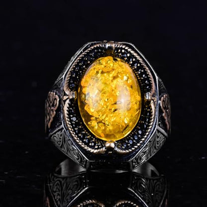 KAMBO Created Stone Ring, Elegant Handmade 925K Sterling Silver Men's Ring, (Honey Amber Created)