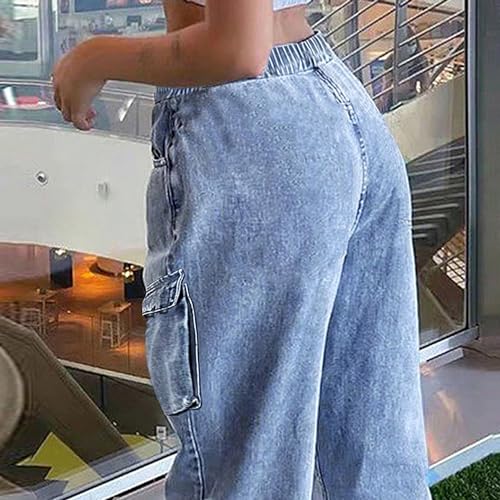 AprPith Mid Rise Cargo Jeans Women Elastic Waist Stretch Wide Leg Denim Pants with Pockets Baggy Streetwear Pants y2k Light Blue