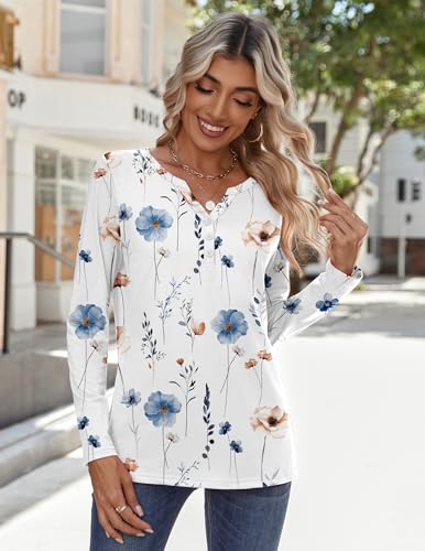 Zeagoo Long Sleeve Shirts for Women Casual Henley V Neck Fall Tops Business Work Blouses Clothes Floral White