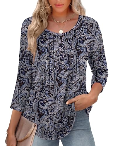 Zeagoo Womens Tops 3/4 Length Sleeve Top Seniors Business Casual Blouse Boho Print Crew Neck T-shirt Casual For Spring Spring Summer Basic Blouses Shirts
