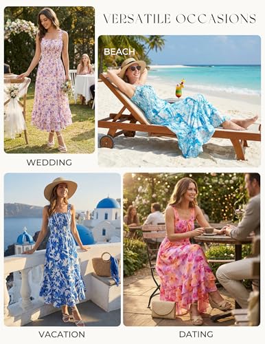 GRACE KARIN Women's 2025 Summer Floral Boho Dress Square Neck Strapped Swing A Line Sundress Beach Long Maxi OutfitsGreen M
