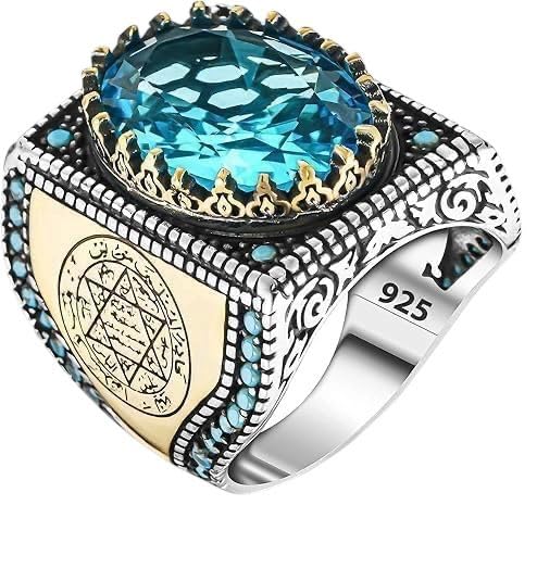 Takilingo Man Silver Aquamarine Stone Blue Aquamarine Stone Vintage Men Seal Of Solomon Prophet Star Of David Ring 925k Sterling Silver (10)