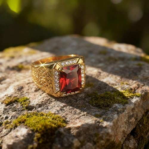 PEIMKO Red Ruby Ring for Men 14K Gold Plated in Sterling Silver Celtic Knot Red Ruby Wedding Band Ring Size 7