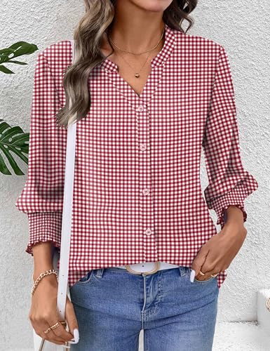LOMON Tops for Women Trendy V Neck Button Down Shirts 3/4 Length Sleeve Plus Size Women Blouses Cotton Summer Tops Red Plaid XL