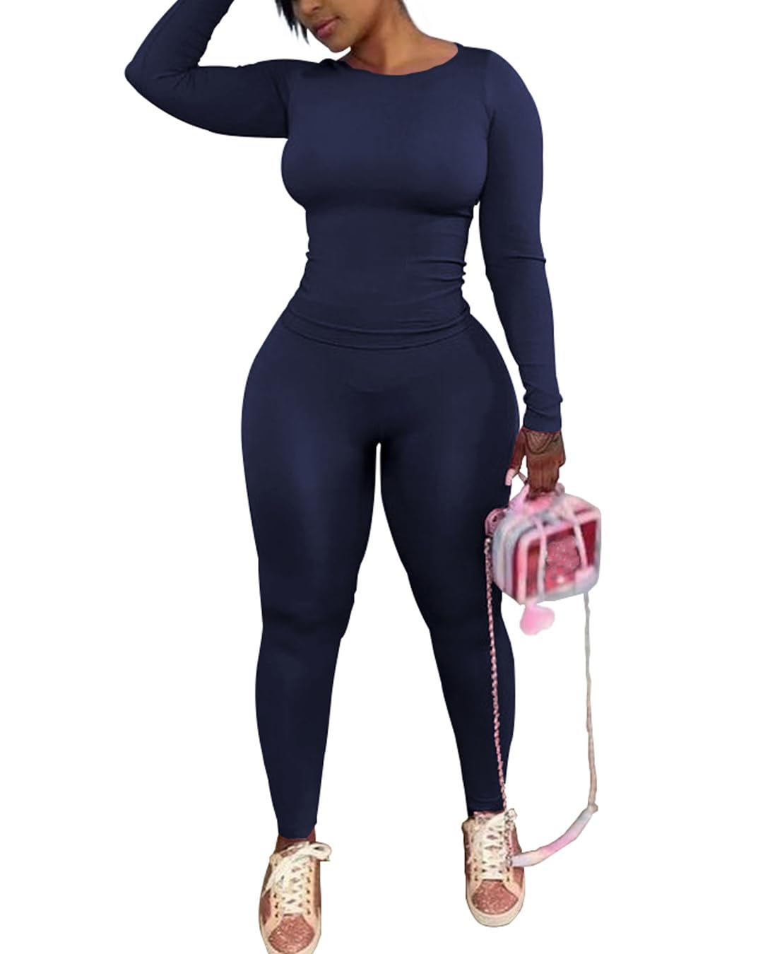 Chrome Heart Leggings - 2 Piece Tracksuit for Women - Long Sleeve Top & Jogger Leggings Workout Set Blue