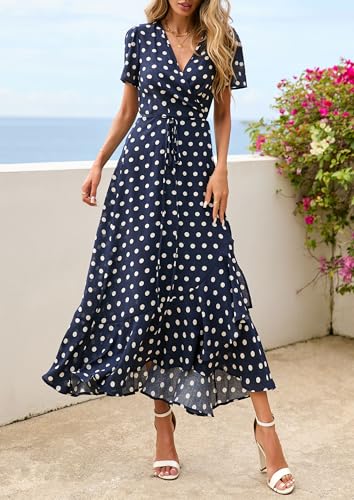 PRETTYGARDEN Women's Boho Floral Maxi Dress Summer Short Sleeve Wrap V Neck Long Flowy Beach Vacation Wedding Guest Dresses (Dot Navy White,Large)
