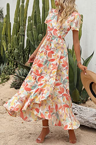 PRETTYGARDEN Women's Summer Wrap Maxi Dress Casual Boho Floral V Neck Short Sleeve Ruffle Hem Split Beach Long Dresses (White Floral,Medium)