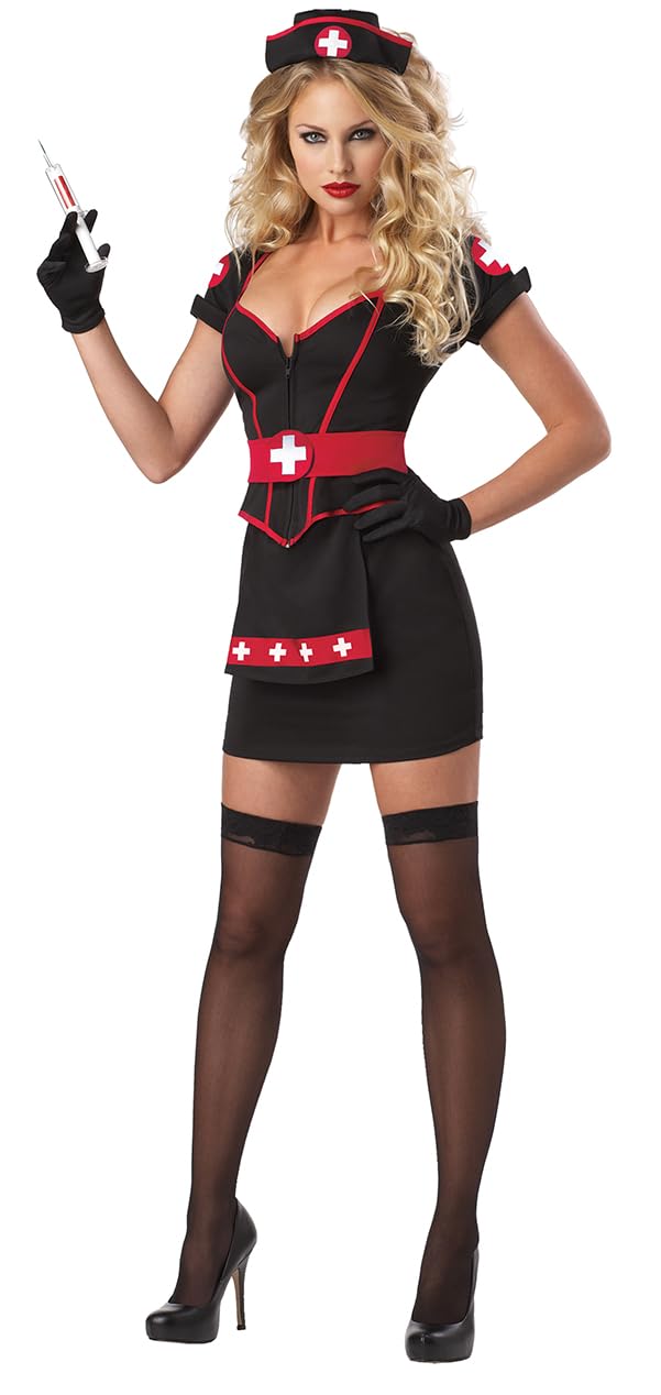 Women's Cardiac Arrest Nurse Costume - Black Minidress with Red Cross Details Multicolored