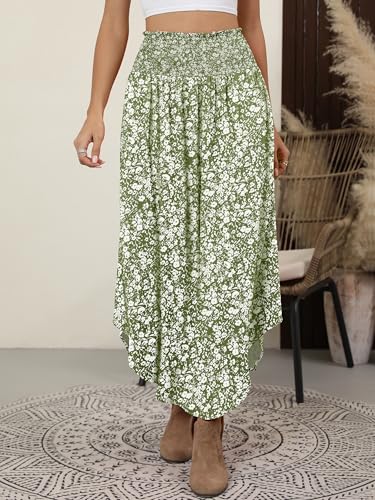 ANRABESS Women's Maxi Skirts Summer Boho Floral High Waisted Flowy Swing Pleated Beach Long Skirt with Pockets Green Large