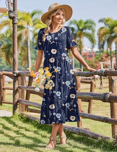 Zeagoo Womens Midi Dresses Spring 2026 Casual Summer Dress Floral Long Dress Ladies Tiered Summer Dresses with Pockets, Navy Floral 01,XL