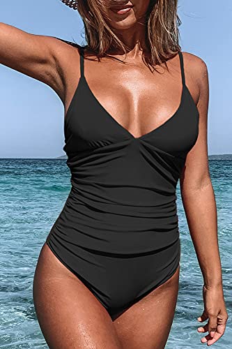 CUPSHE Womens Swimwear One Piece Swimsuit Tummy Control V Neck Bathing Suits Medium Black