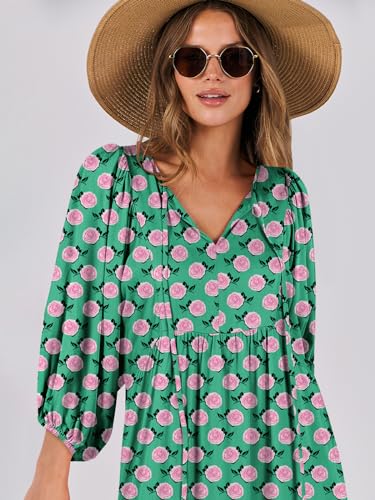 ANRABESS Womens Boho Maxi Dresses 2026 Summer V Neck Puff Sleeve Floral Flowy Swing Fall Casual Long Dress Green Small