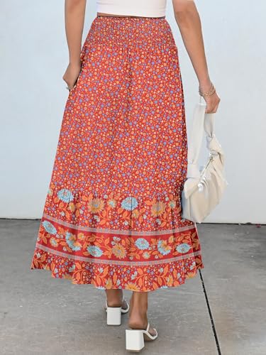 ANRABESS Maxi Skirts for Women 2026 Summer Boho Long Flowy Floral Elastic High Waist Skirt Casual Travel Skirt with Pockets Red Blue Floral Medium