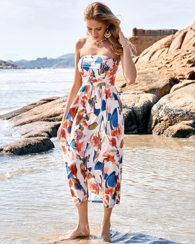 GRACE KARIN Women Strapless Dress Casual Loose Ruched Long Maxi Dress with Pockets Blue Brown