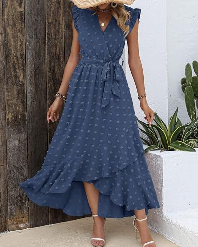 BTFBM Boho Dresses for Women 2026 Summer Fashion Cap Sleeve Swiss Dot Flowy Ruffle Beach Wedding Cocktail Maxi Dress(Blue, Large)