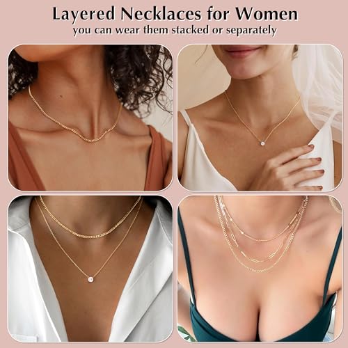 WomenGifts Layered Gold Necklaces for Women, 14K Gold Plated Dainty Cute Pendant Necklace Jewelry Set, Chunky Stackable Cuban Chain Choker Collar, Trendy Waterproof Non Tarnish Jewelry Gift for Mom