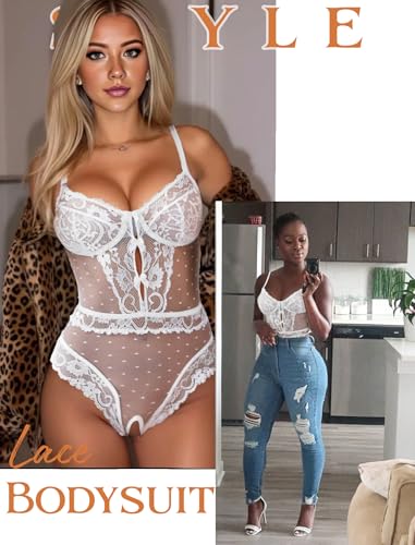 Avidlove Lingerie for Women Sexy Lace Bodysuit V Neck Teddy One Piece Babydoll Nightwear White L