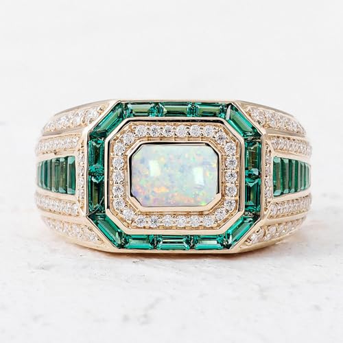 FYBIOD 10K 14K 18K Gold Men's Emerald Cut Opal Engagement Ring with Moissanites Luxury Design Opal Wedding Anniversary Ring for Men Husband Size 4-16
