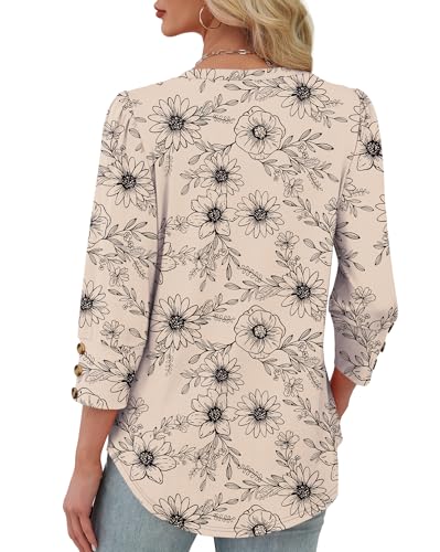 XIEERDUO Womens Tops Dressy Casual V Neck Summer School Outfits 3/4 Length Sleeve Tops Floral Blouses Beach Vacation Early Fall Fashion Clothes 2026 F-Khaki Ink Floral XL