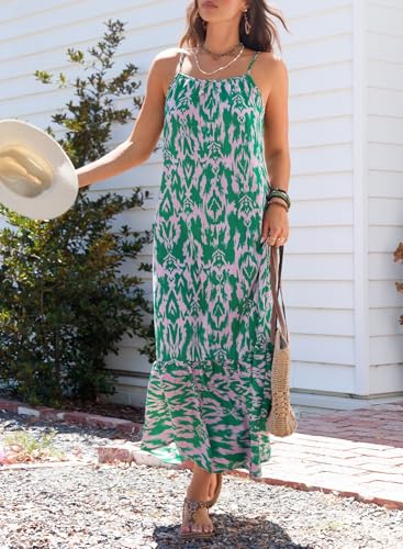 Dokotoo Beach Dresses for Women Summer Casual Maxi Dresses Scoop Neck Boho Beach Dress Sleeveless Spaghetti Strap Sexy Dress Ruffle A Line Flowy Dresses Medium Green