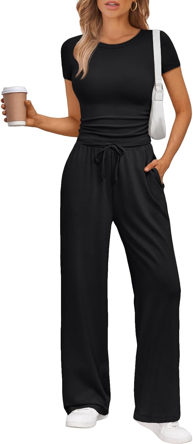 Women's 2 Piece Matching Sweatsuit Wide Leg Pants Crop Top Set