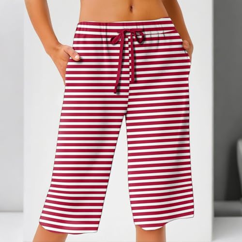 Womens Bermuda Shorts Linen Knee Length Plus Size Elastic Waist Loose Baggy Red Women Shorts for Seniors High Waisted Beach Vacation Flowy Red Capri Pants Linen Clothes for Seniors