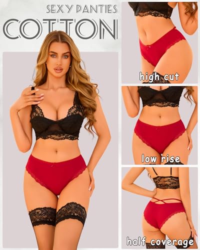 ALL OF ME Women Cotton Underwear Sexy Criss Cross Lace Trim Low Rise Cheeky Bikini Panties 6 Pack