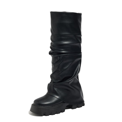 Tasteall Fold Over Boots for Women, Wide Calf Slouchy Boots, Chunky Platform Boots with Mid Calf, Black Size 7